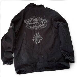 Hard Rock Cafe Rock N Roll Military Jacket 2XL Black Graphic Patch Y2K